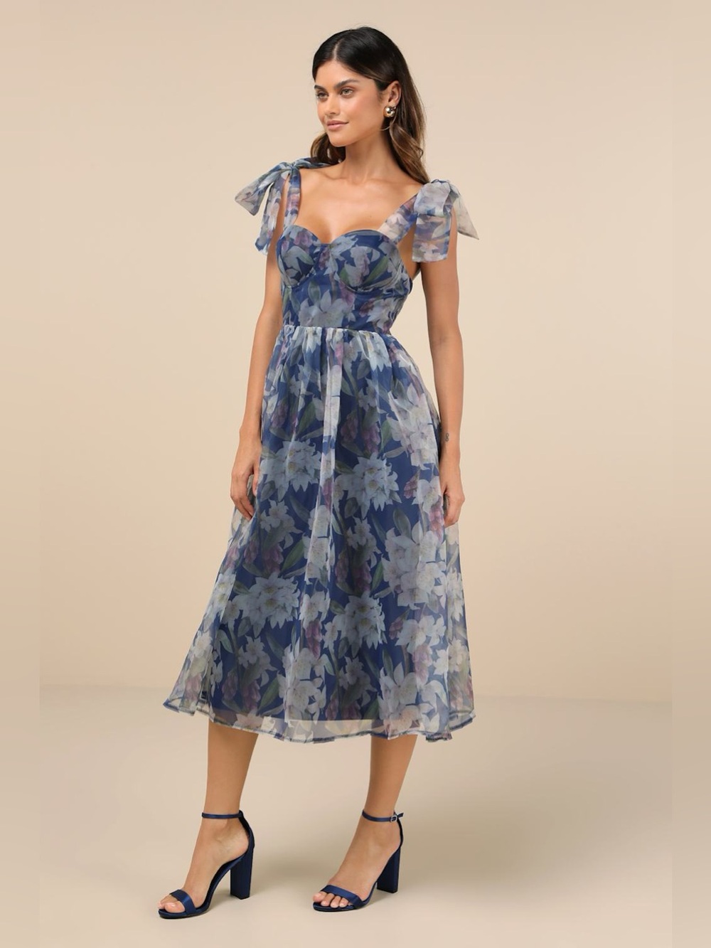 Lulu’s Exceptionally Marvelous Blue Floral Organza Bustier Midi Dress Size XS